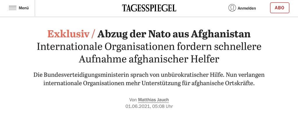 Our Story, Der Tagesspiege article on the advocacy organisations publication of a collective letter to evacuate Locally Engaged Civilians (LECs) and their families in 2021.