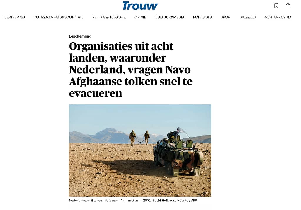 Our Story, Trouw article on the advocacy organisations publication of a collective letter to evacuate Locally Engaged Civilians (LECs) and their families in 2021.